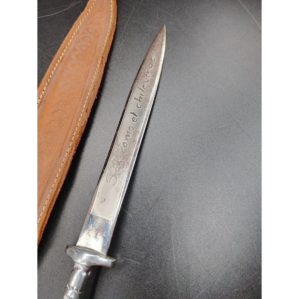 Vintage 9” Mexican Souvenir Dagger Aluminum Tribal Handle Engraved Blade Sheath